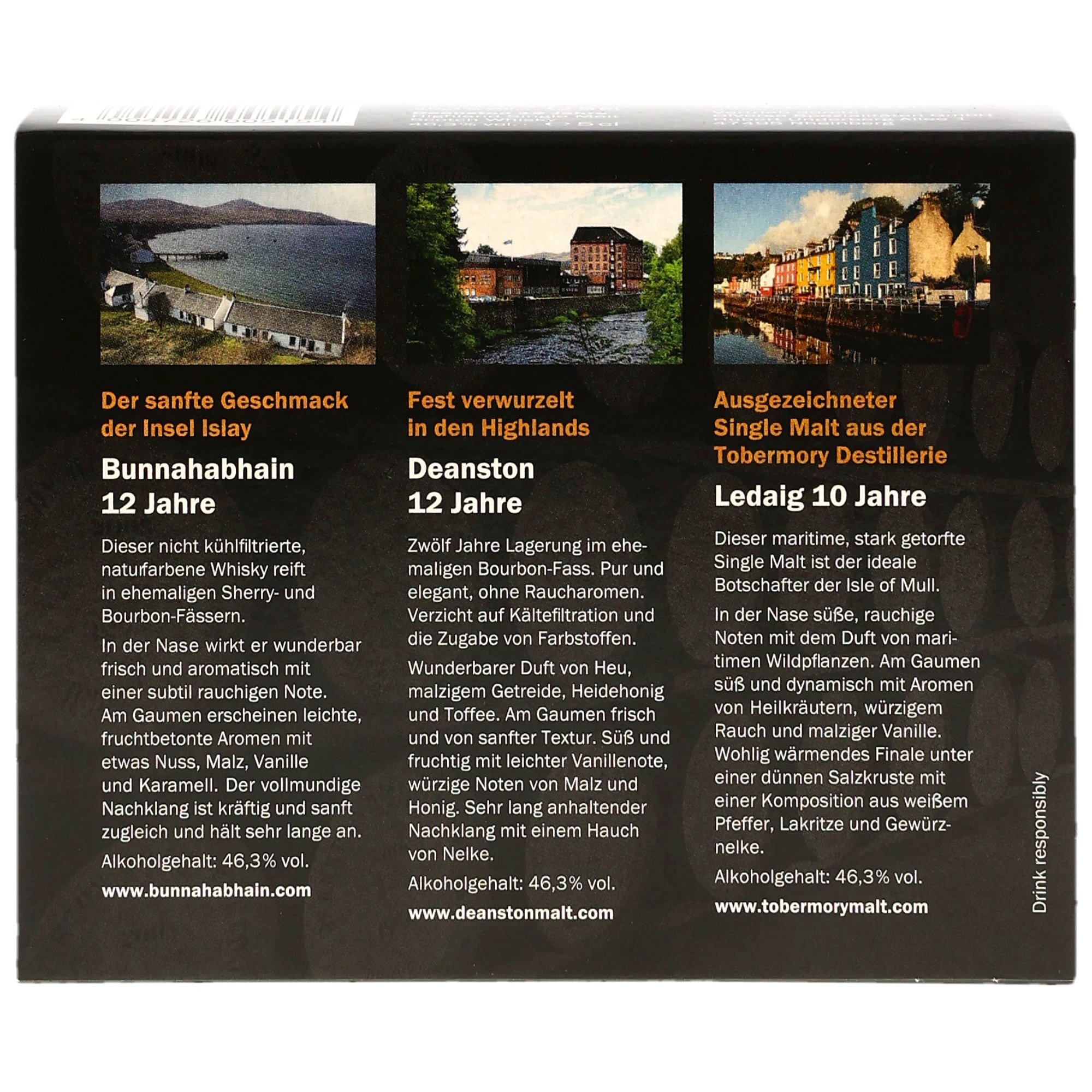 Eine schottische Whiskyreise / Bunnahabhain 12 y.o. + Deanston 12 y.o. + Ledaig 10 y.o. / 46,3% Vol. 3x0,05 