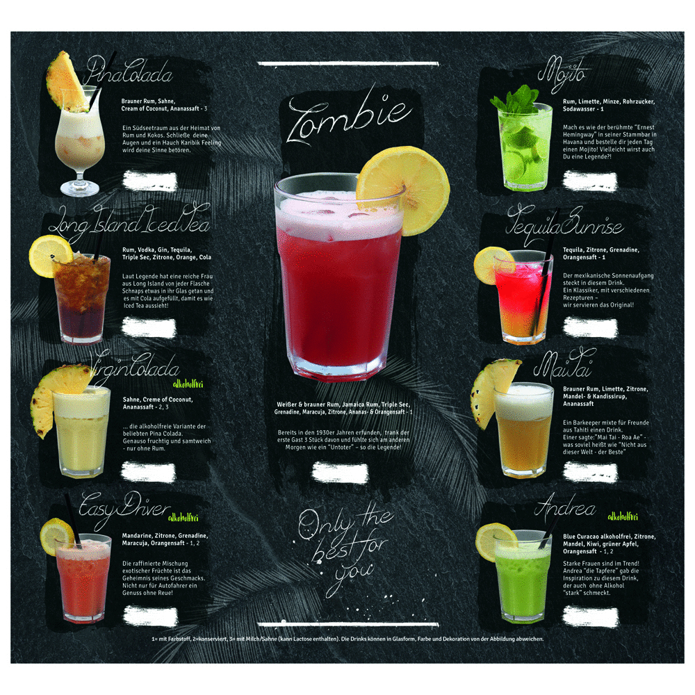 Cocktailkarte-17-Sorten-innen easy drinks Gastro Cocktail Starter Set mit 17 Sorten - Shaker Gelb oder Schwarz