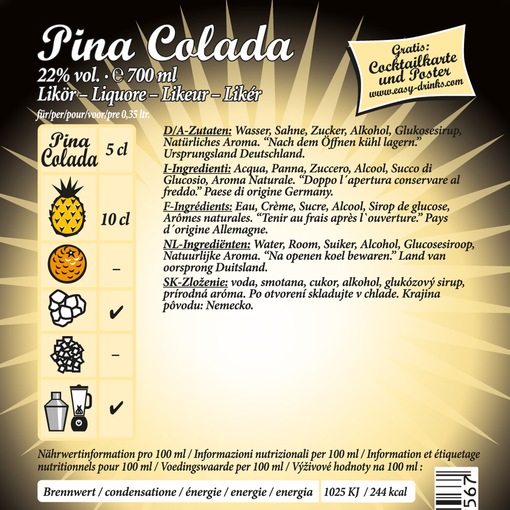 Pina Colada / Fertigcocktail / 22% Vol. 0,7 ltr. / easy drinks