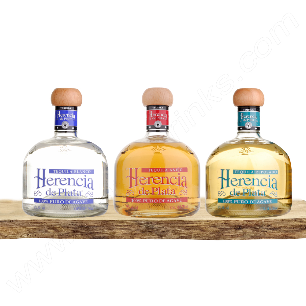 Tequila 3er Set: Herencia de Plata Blanco, Reposado & Anejo 100% Agave Tequila, 38% Vol. 0,7 ltr.