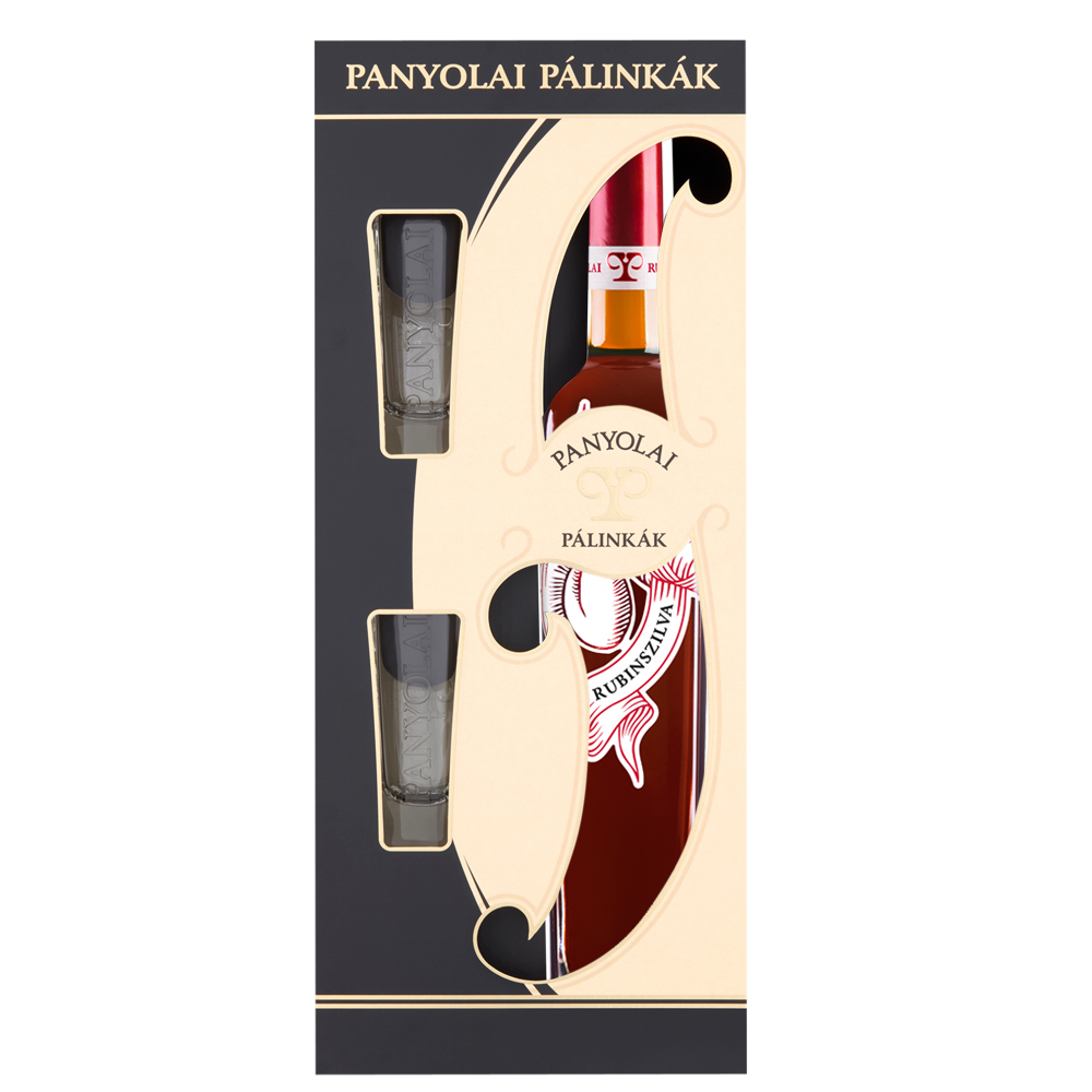 Panyolai Rubin Pflaumen-Brand & 2 Gläser in beiger Geschenkpack., 38% Vol. 0,5 ltr.