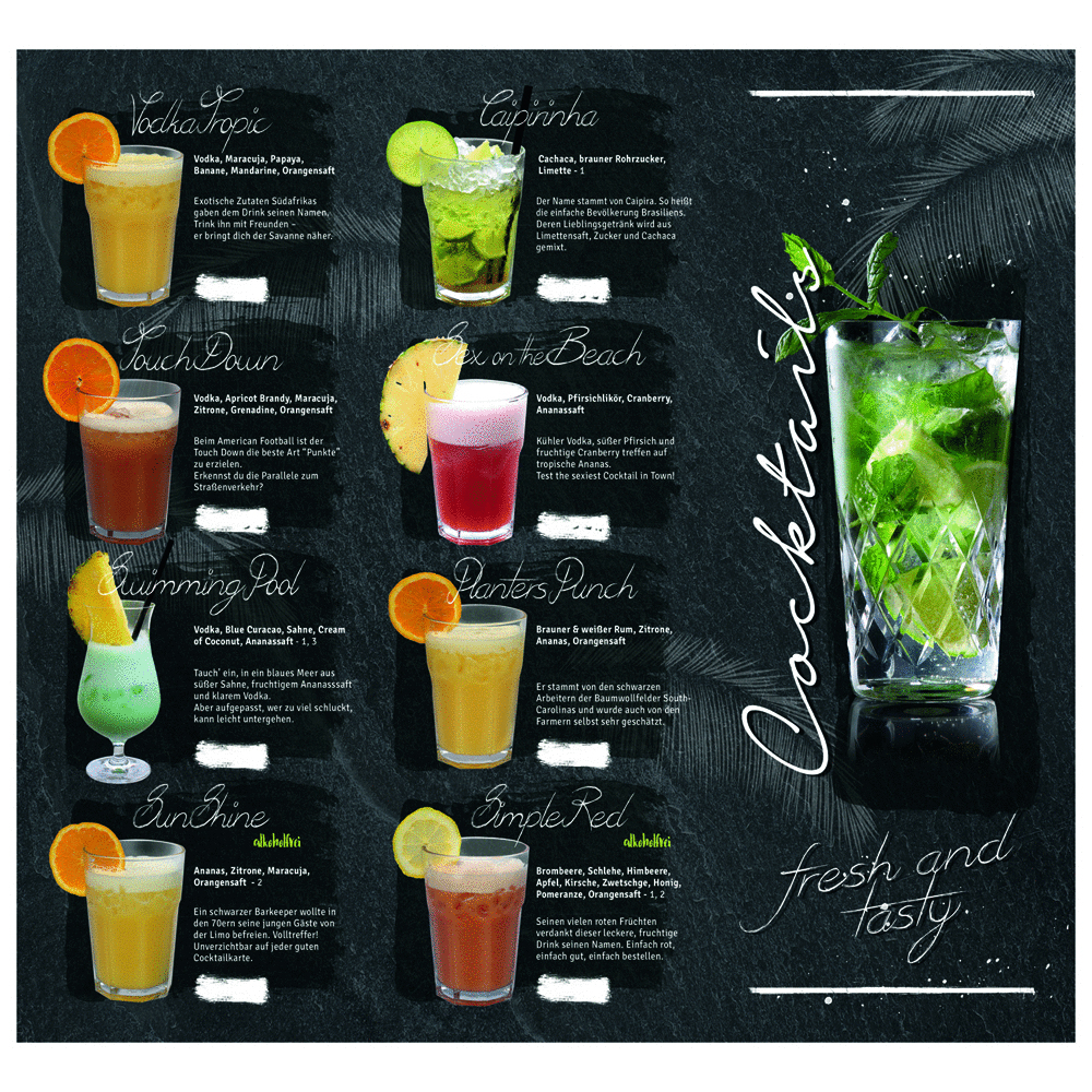 Cocktailkarte-17-Sorten-Titel easy drinks Gastro Cocktail Starter Set mit 17 Sorten - Shaker Gelb oder Schwarz