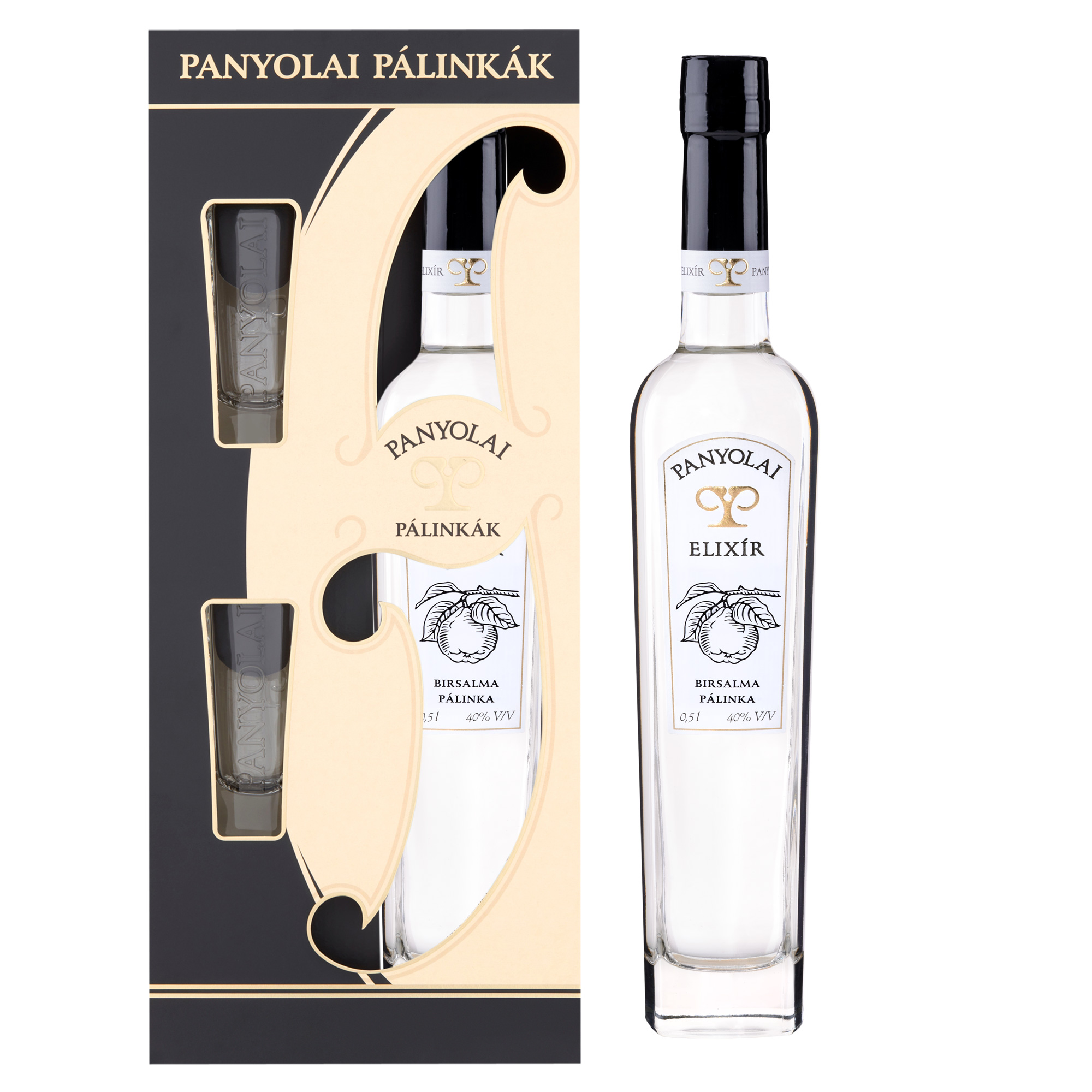 Panyolai Elixír Quitten-Brand & 2 Gläser in beigem Geschenkpack, 40% Vol. 0,5 ltr.