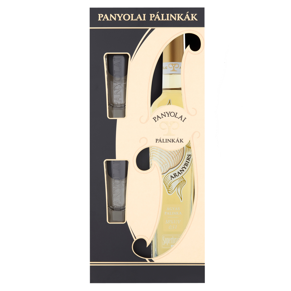 Panyolai Goldener Quitten-Brand & 2 Gläser in Geschenkpack beige, 38% Vol. 0,5 ltr.