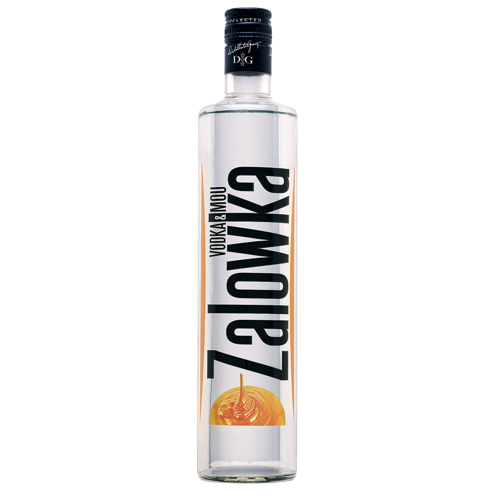 ZALOWKA Set: Vodka Melone / Karamell Likör je 21% Vol. 0,7 ltr. & 4 Gläser