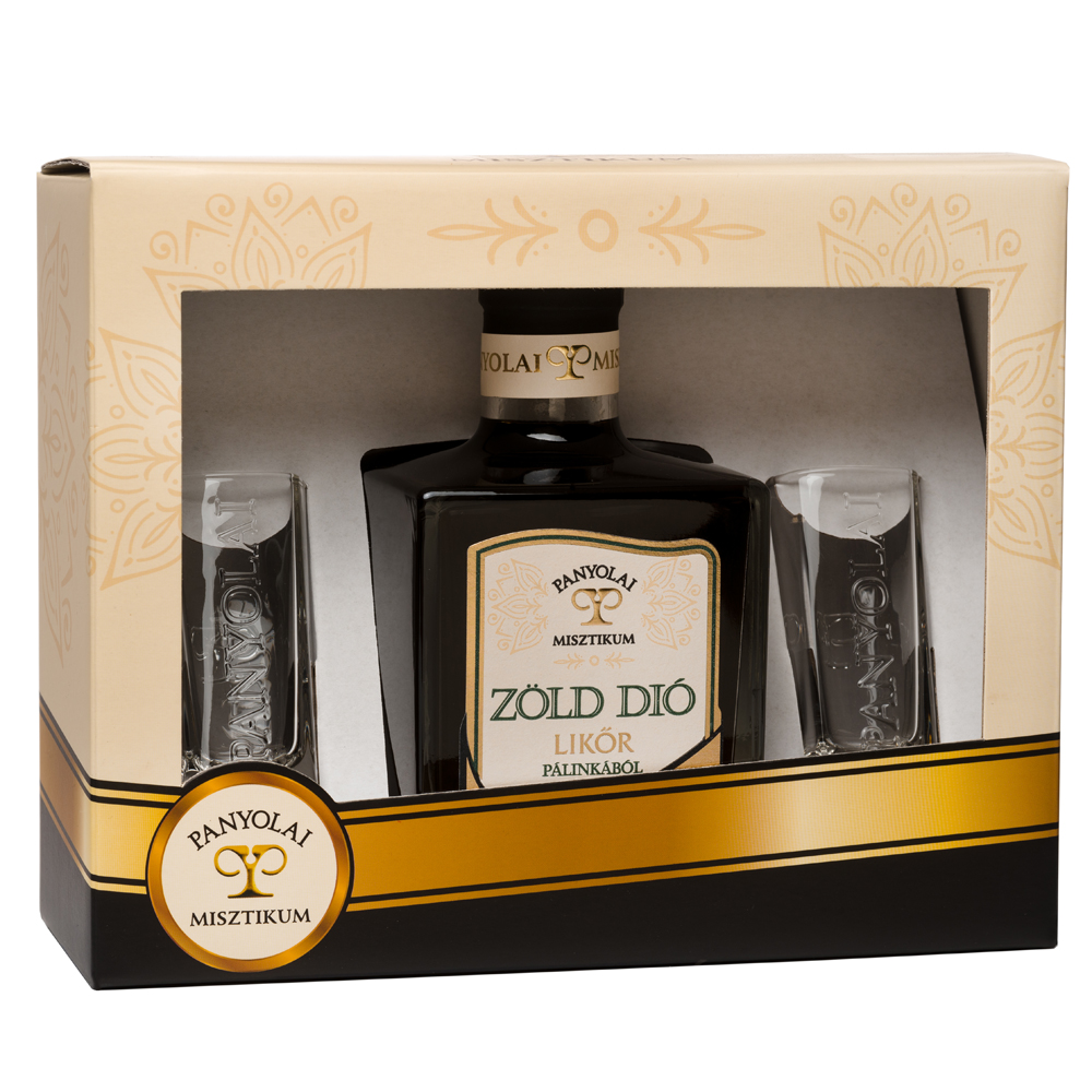Panyolai Mystic grüner Walnusslikör Geschenkpack + 2 Gläser, 30% Vol. 0,5 ltr.