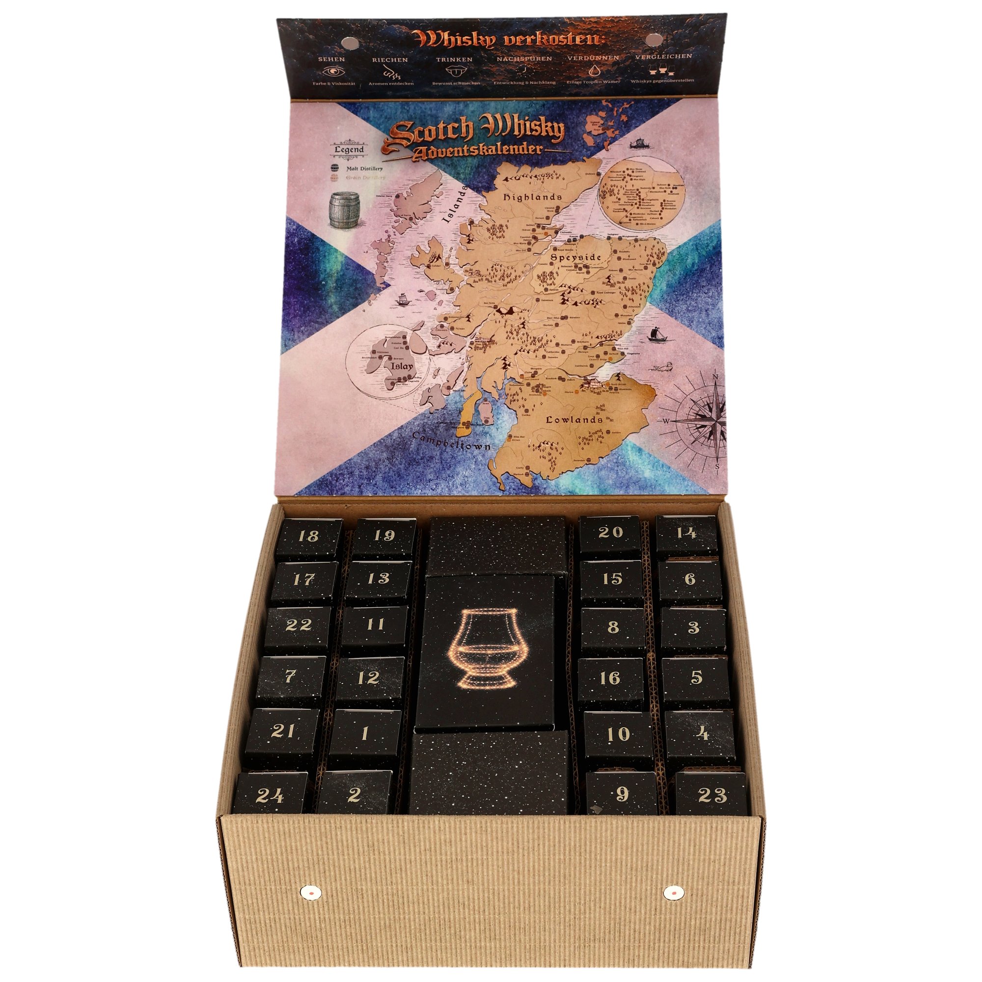 Scotch Whisky Adventskalender 2026 / 49,1% 24 x 20 ml. / Tasting Glas + Infoheft 