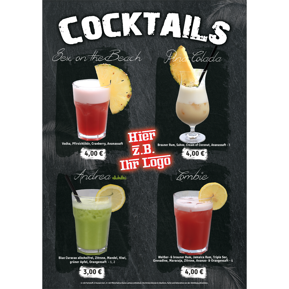 individuelles Cocktail Plakat / Poster mit Logo, Verkaufspreis & Wunschsortierung (nur GASTRO)