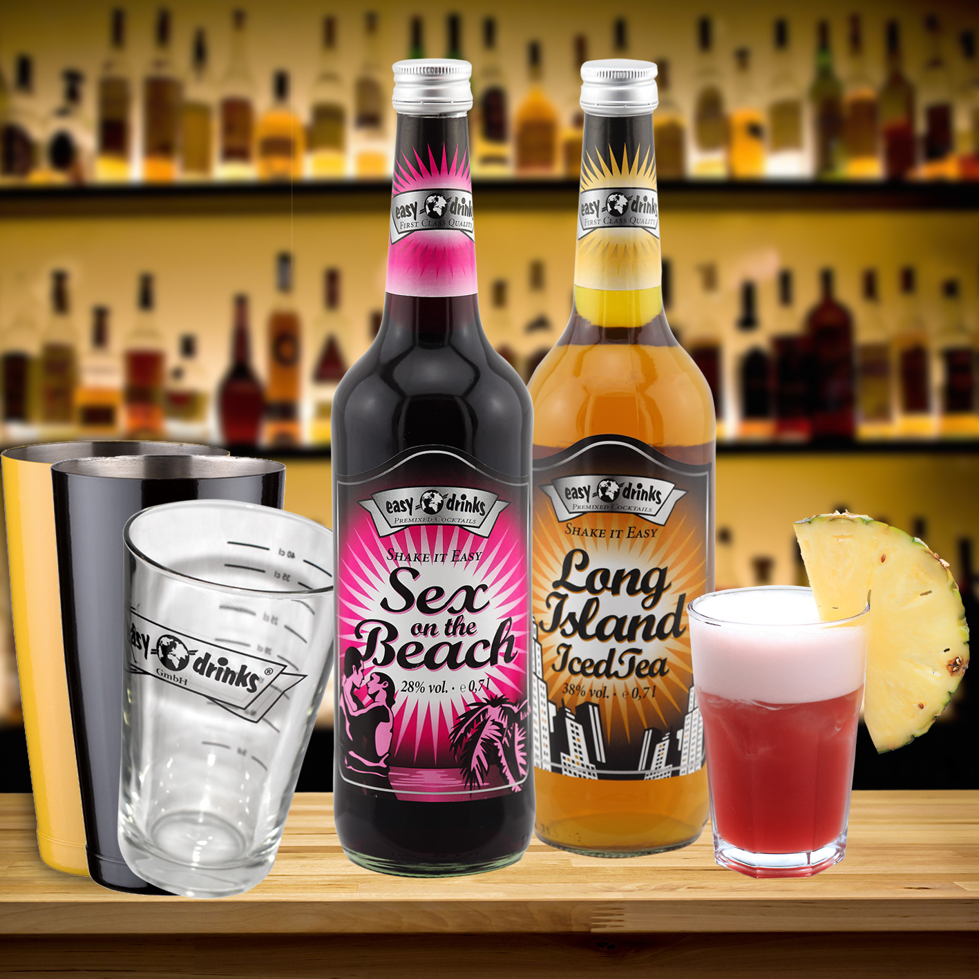 "1 Sex on the Beach/1 Long Island Iced Tea/6 Gläser/1 Shaker gelb oder schwarz" im easy drinks Fertigcocktail Set