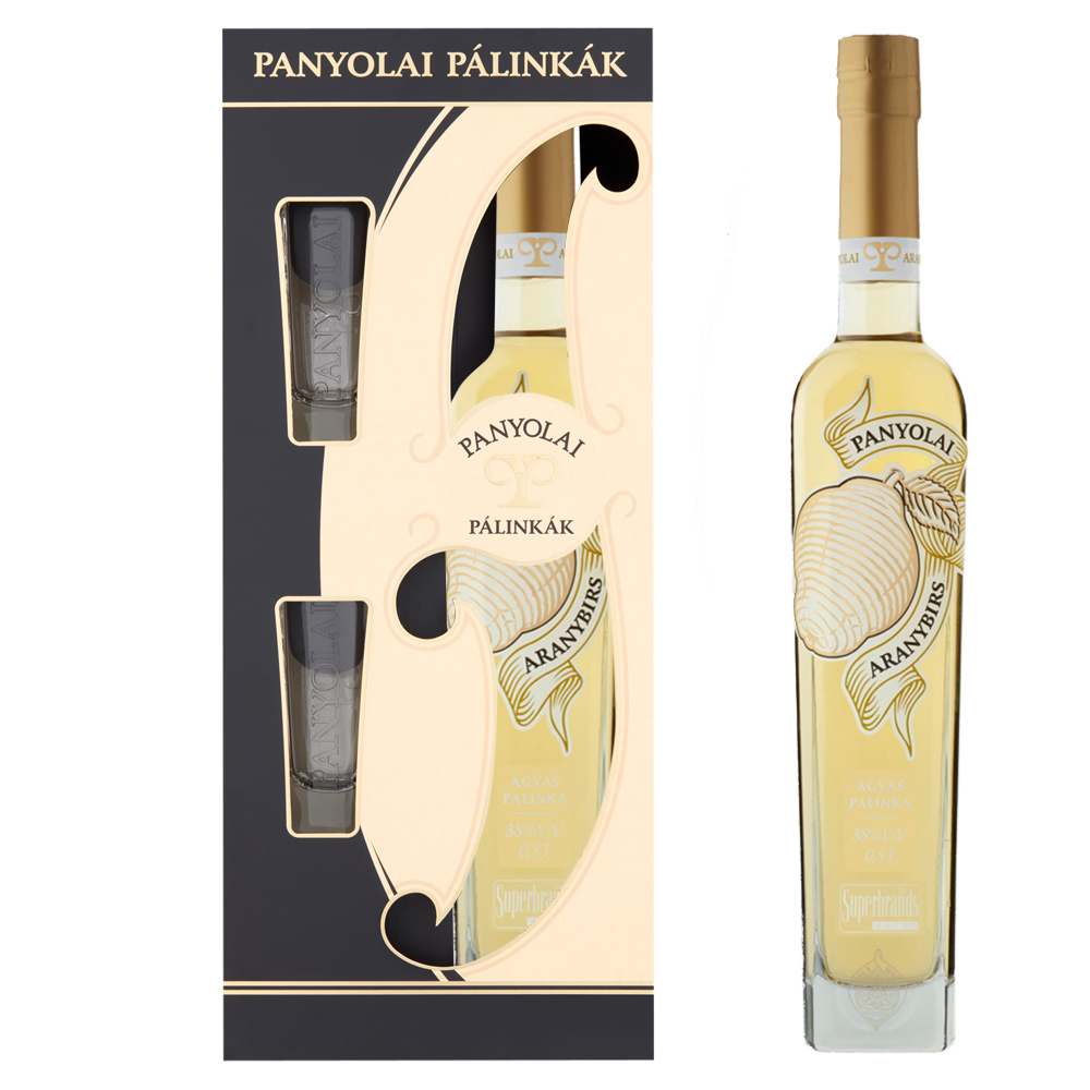 Panyolai Goldener Quitten-Brand & 2 Gläser in Geschenkpack beige, 38% Vol. 0,5 ltr.