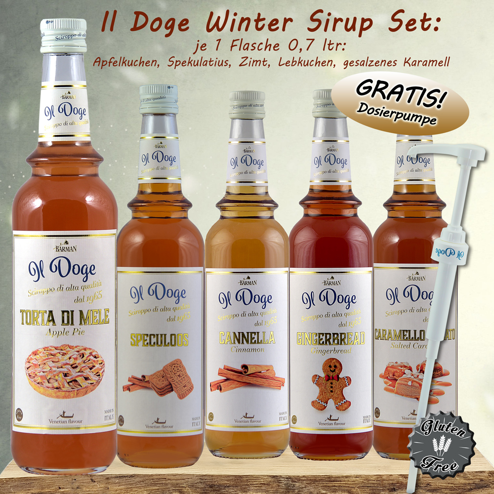 Il Doge Sirup Set WINTER EDITION : 5 Sorten 0,7 ltr. + 1 Pumpe gratis