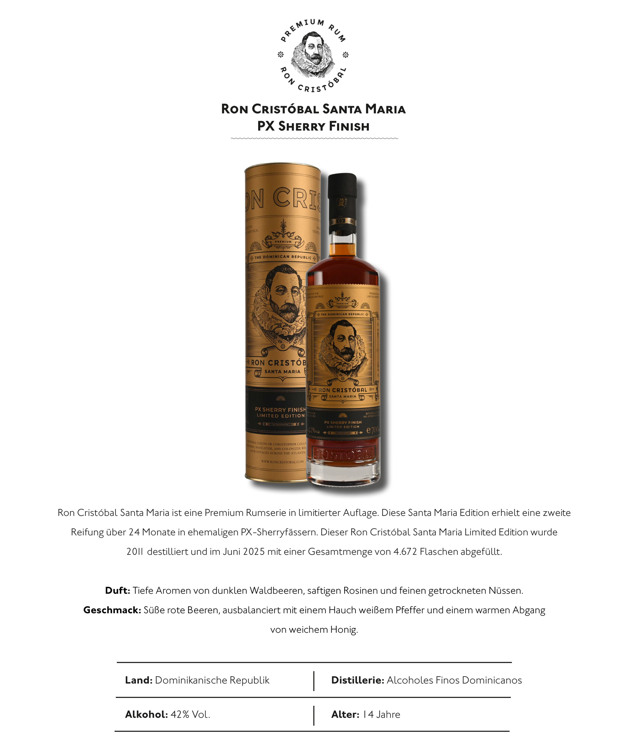 Cristóbal Santa Maria PX Sherry Finished Rum / 43% Vol. 0,7ltr. / Dominikanische Republik