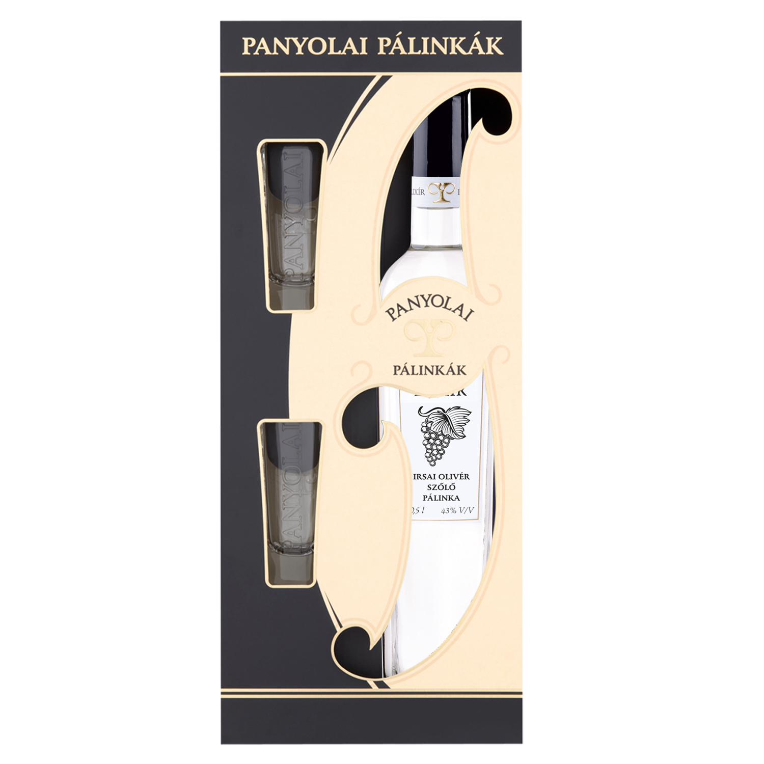 Panyolai Elixír Irsai Oliver Trauben Brand & 2 Gläser in GePa / 45% Vol. 0,5 ltr. / beige oder schwarz