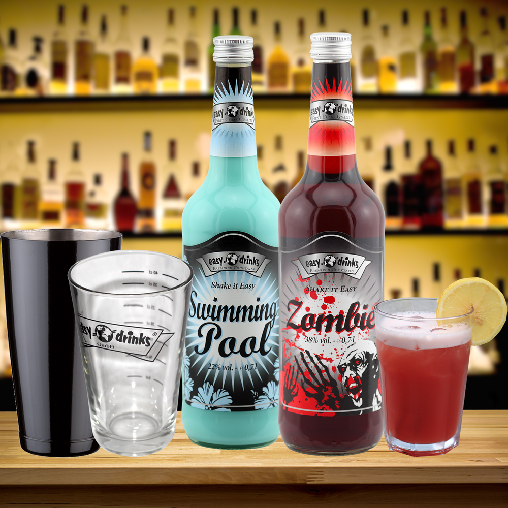 "1 Zombie/1 Swimming Pool/6 Gläser/1 Shaker gelb oder schwarz" im easy drinks Fertigcocktail Set No.10 "1 Zombie/1 Swimming Pool/6 Gläser/1 Shaker gelb oder schwarz" im easy drinks Fertigcocktail Set No.10