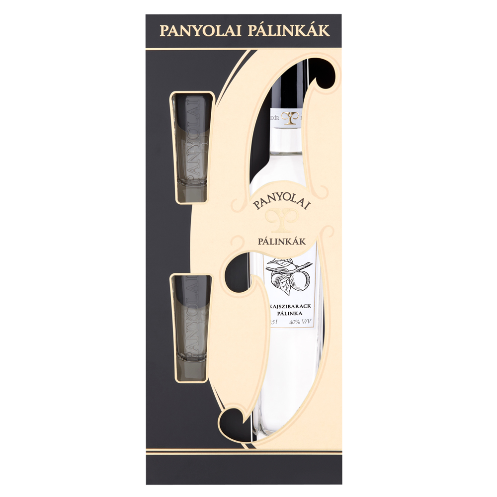 Panyolai Elixír Aprikosen-Brand & 2 Gläser in beigem Geschenkpack, 40% Vol. 0,5 ltr.