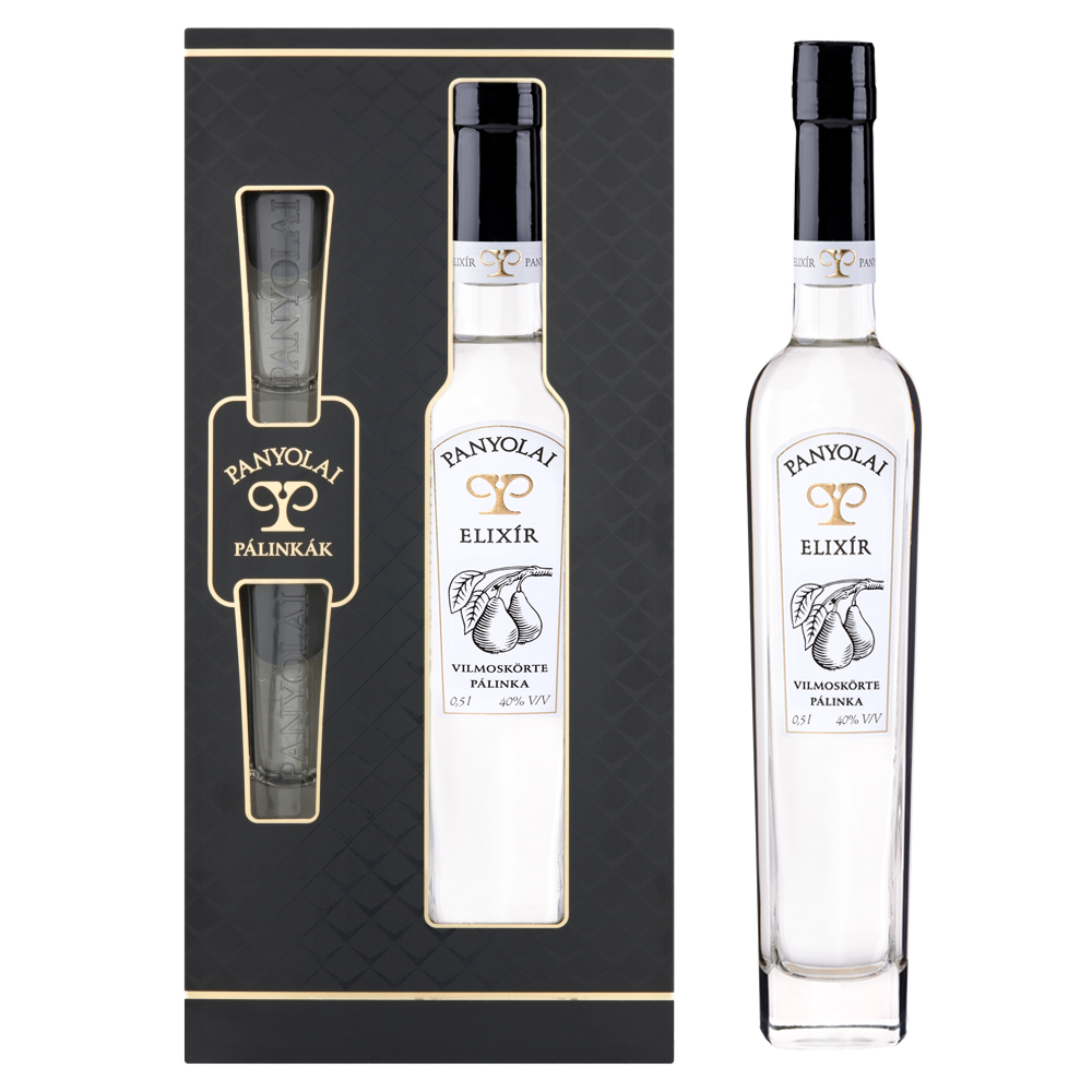 Panyolai Elixir Williamsbirne-Brand & 2 Gläser in Geschenkpack schwarz, 40% Vol. 0,5 ltr.