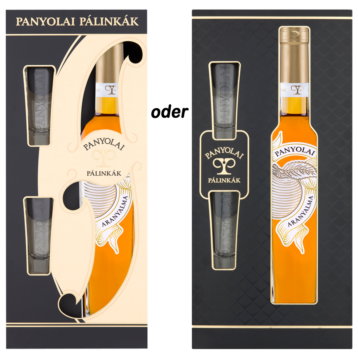 Panyolai Goldener Apfel-Brand & 2 Gläser in GePa / 38% Vol. 0,5 ltr. / beige oder schwarz