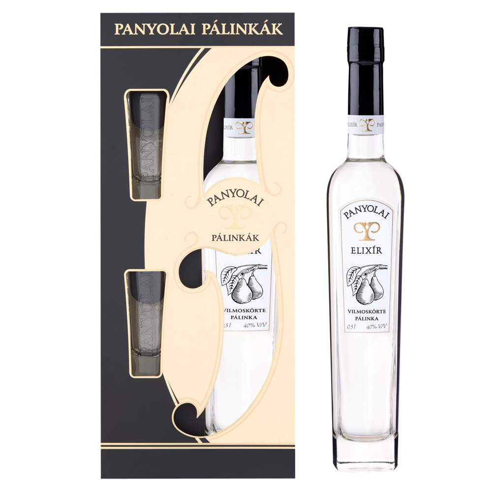 Panyolai Elixir Williamsbirne-Brand & 2 Gläser in Geschenkpack beige, 40% Vol. 0,5 ltr.