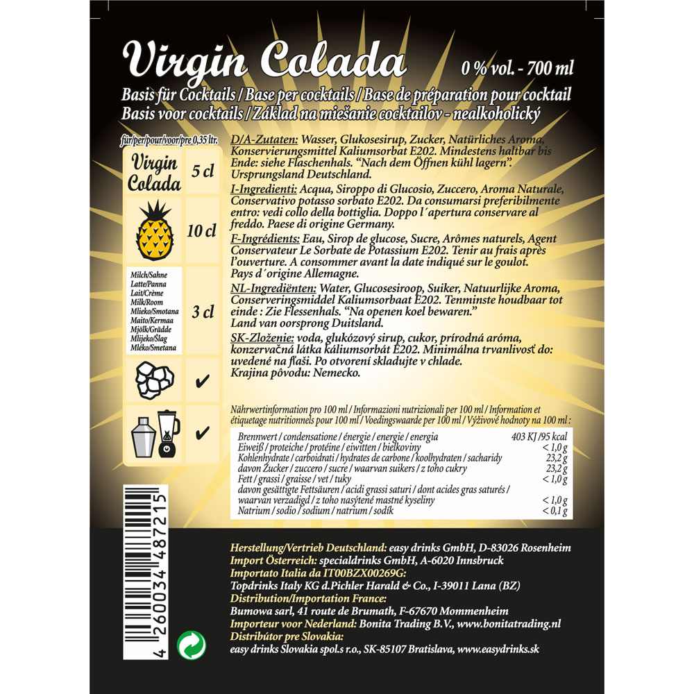 VIRGIN COLADA / Fertigcocktail / Pina Colada Alkoholfrei 0,7 ltr. / easy drinks