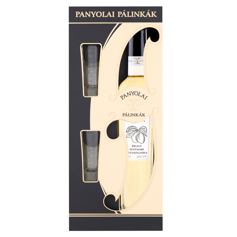 Panyolai Elixír reifer Pflaumen-Brand & 2 Gläser in Geschenkpack beige, 45% Vol. 0,5 ltr.