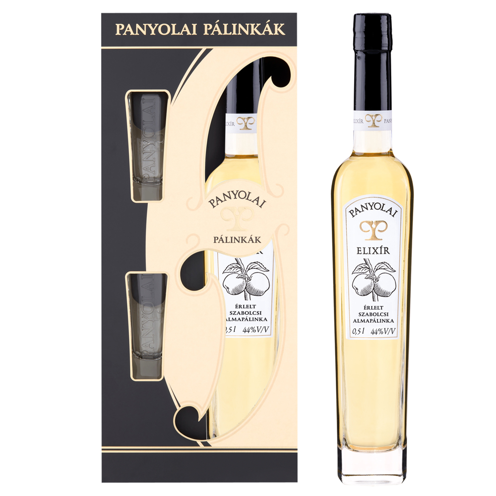 Panyolai  Elixír reifer Apfel-Brand & 2 Gläser in Geschenkpack beige, 44% Vol. 0,5 ltr.