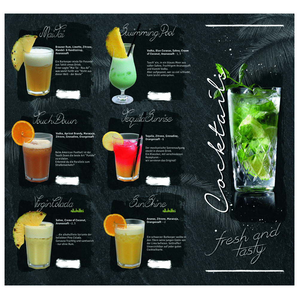 Cocktailkarte-13-Sorten-Titel easy drinks Gastro Cocktail Starter Set mit 13 Sorten - Shaker Gelb oder Schwarz